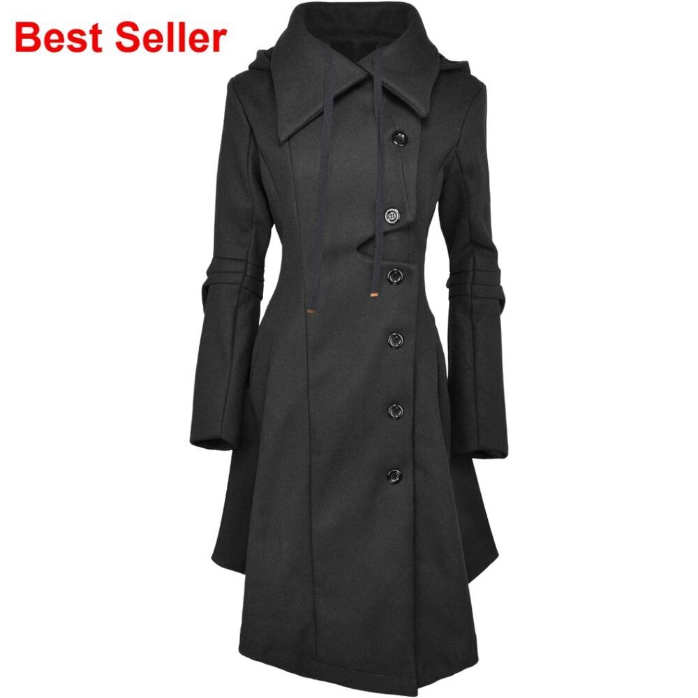 Wool Blend Trench Coat with Hood and Victorian Gothic Style